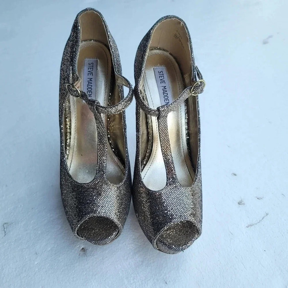 Steve Madden P-REVAA Gold Glitter Stiletto High Heels Adjustable Buckle Strap 9 - Picture 2 of 8